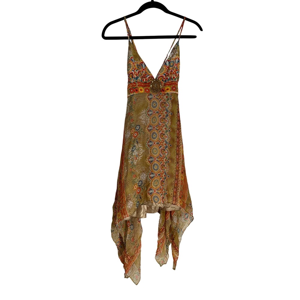 Kaya di Koko 100% Silk Handkerchief Hem Dress Orange Yellow Paisley Medallion S